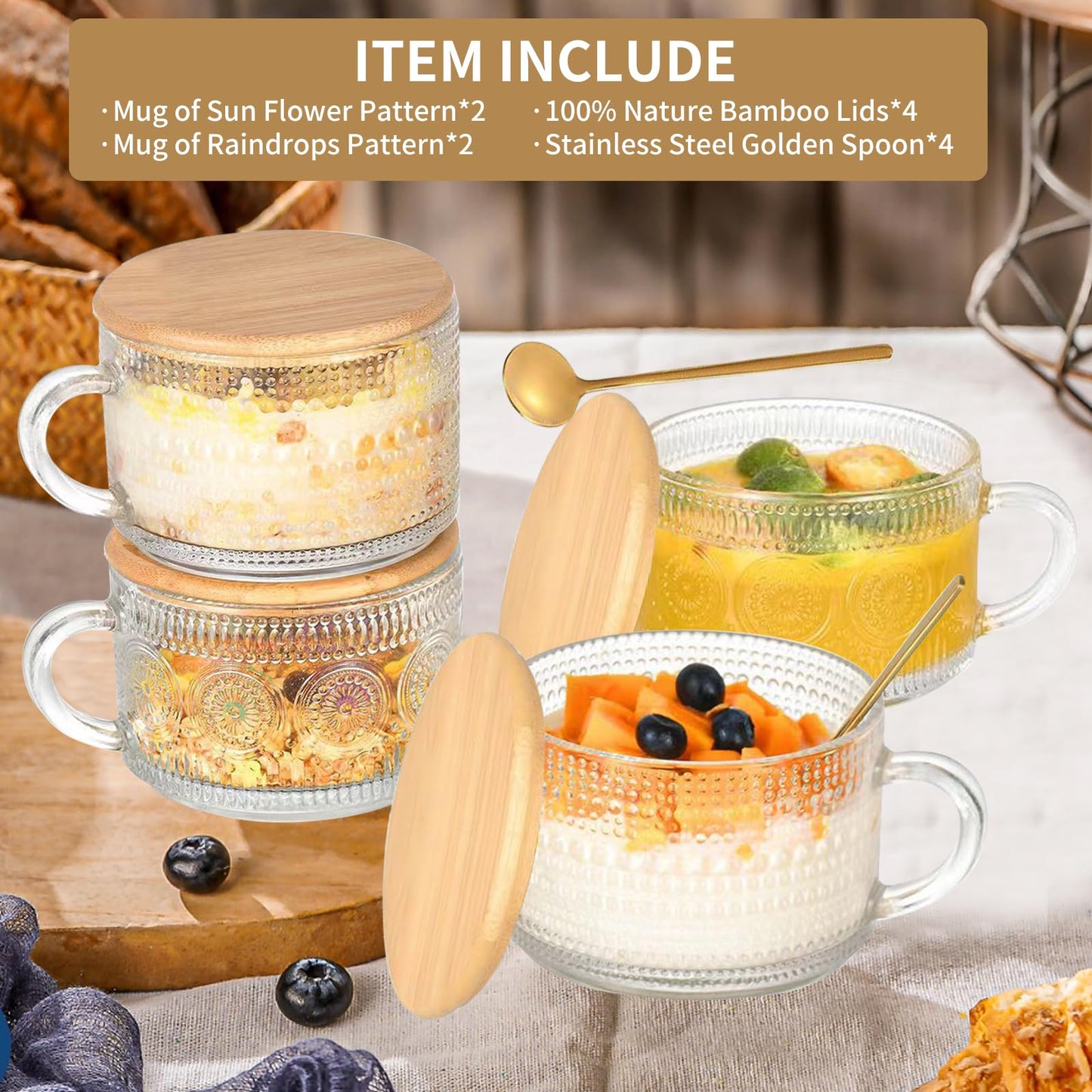 DOPUDO Vintage Glass Coffee Mugs,Overnight Oats Containers With Lids,Glass Cup With Sealed Lid and Spoon,Glass Coffee Mugs,Coffee Bar Accessories,Ideal for Cappuccino, Latte(4-Pack,14oz)