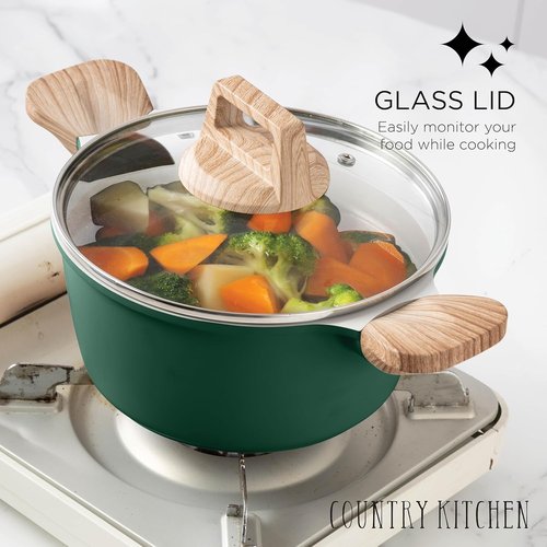 Country Kitchen Nonstick Pots and Pans Set - 14 Pcs Cast Aluminum Cookware with Utensils | Sage Color