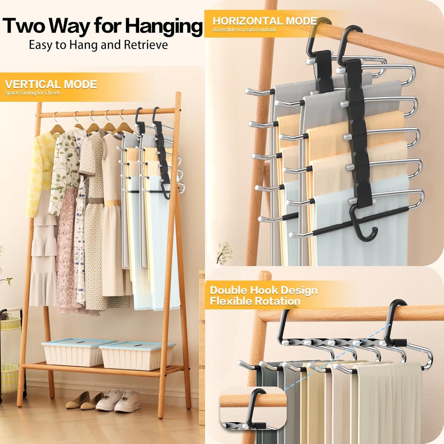 Skiennix Pants Hangers - Space-Saving Closet Organizer | 2-Pack Stainless Steel Anti-Slip Jean Hangers, Black