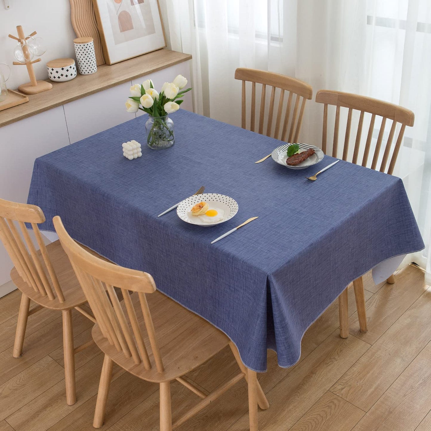 Pioggia Vinyl Tablecloth with Flannel Backing Rectangle Waterproof Oil-Proof Plastic Table Cloth Wipeable PVC Table Cover for Indoor and Outdoor (Blue, 60 x 84 Inch)