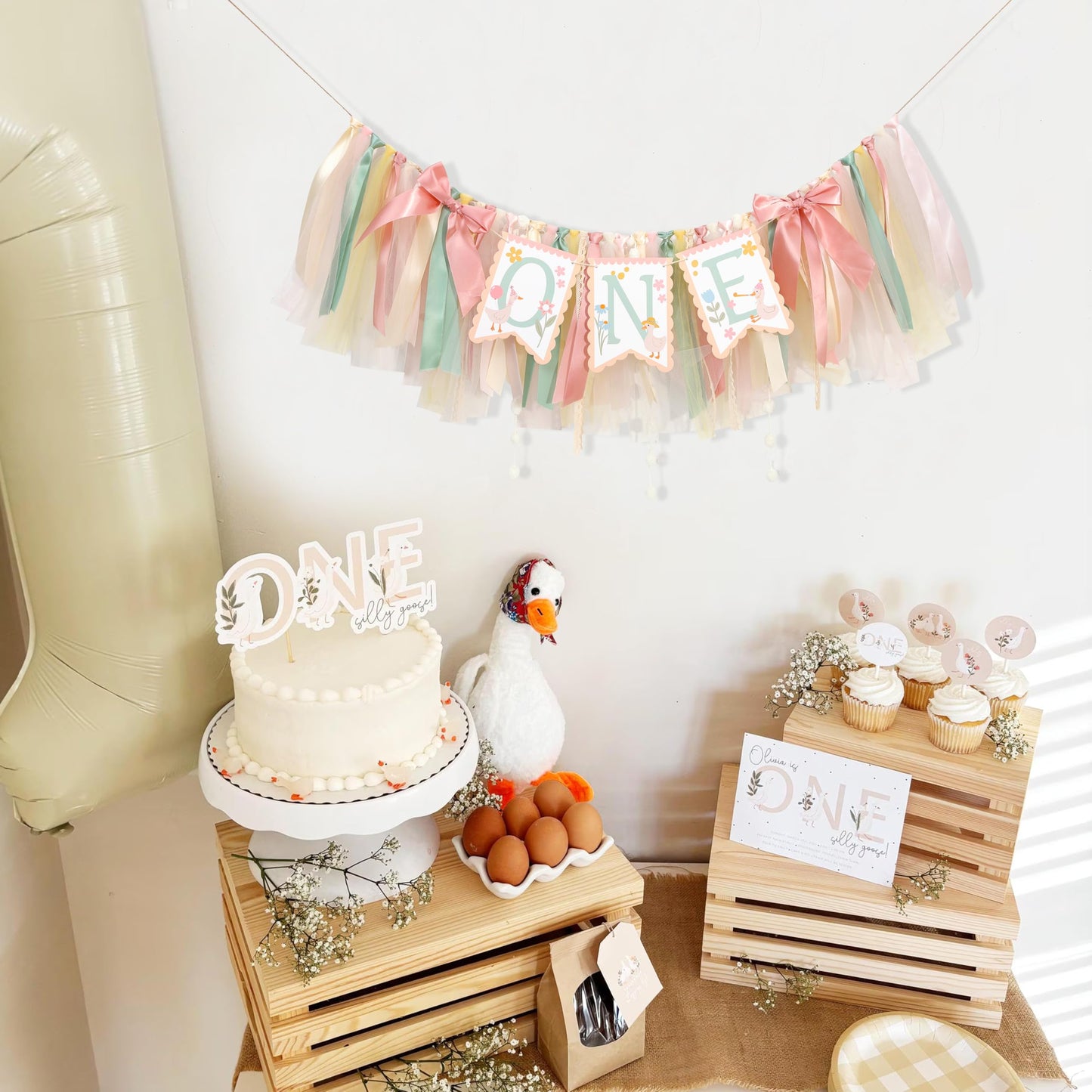 One Happy Goose High Chair Banner - Sweet 1st Birthday Party Decorations,Colorful Highchair Garland with Bow Ribbon,Little Goose First Birthday Banner Photo Props,Fun Geese Lawn Party Supplies
