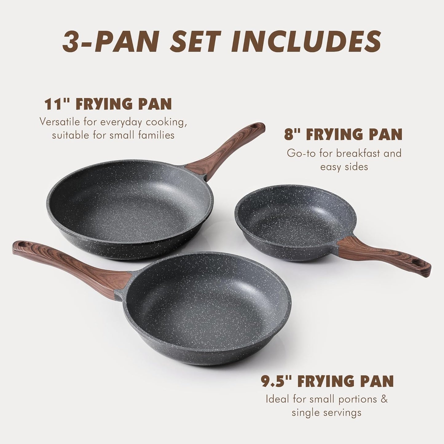 SENSARTE Nonstick Frying Pan Set - Swiss Granite Coating for Healthy Cooking | 8, 9.5 & 11 Inch Sizes