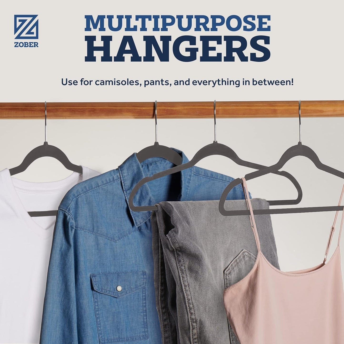 Zober Velvet Hangers 50 Pack | Heavy Duty Non-Slip Gray Hangers for Coats, Pants & Dresses