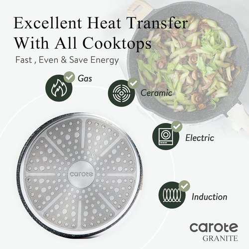 CAROTE Nonstick Deep Frying Pan - Jumbo 10/12/12.5 Inch Skillet with Lid & Pour Spout | PFOA Free Classic Granite