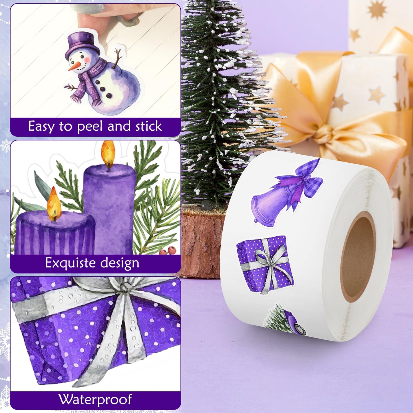 BkeeCten Christmas Purple Watercolor Sticker - 1000Pcs Xmas Purple Santa Waterproof Vinyl Reusable Laptop Stickers Coloring Book Scrapbook Water Bottle Page Activity Pad Party Favors Kids Skateboard
