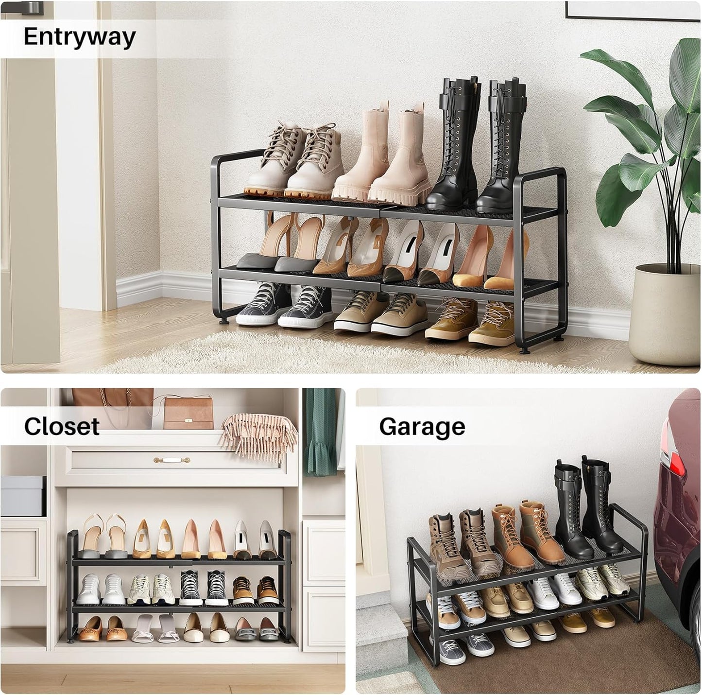 SNTD Shoe Rack - Expandable Shoe Organizer with Adjustable Metal Shelves | Black 2-Tier Storage for Closet & Entryway