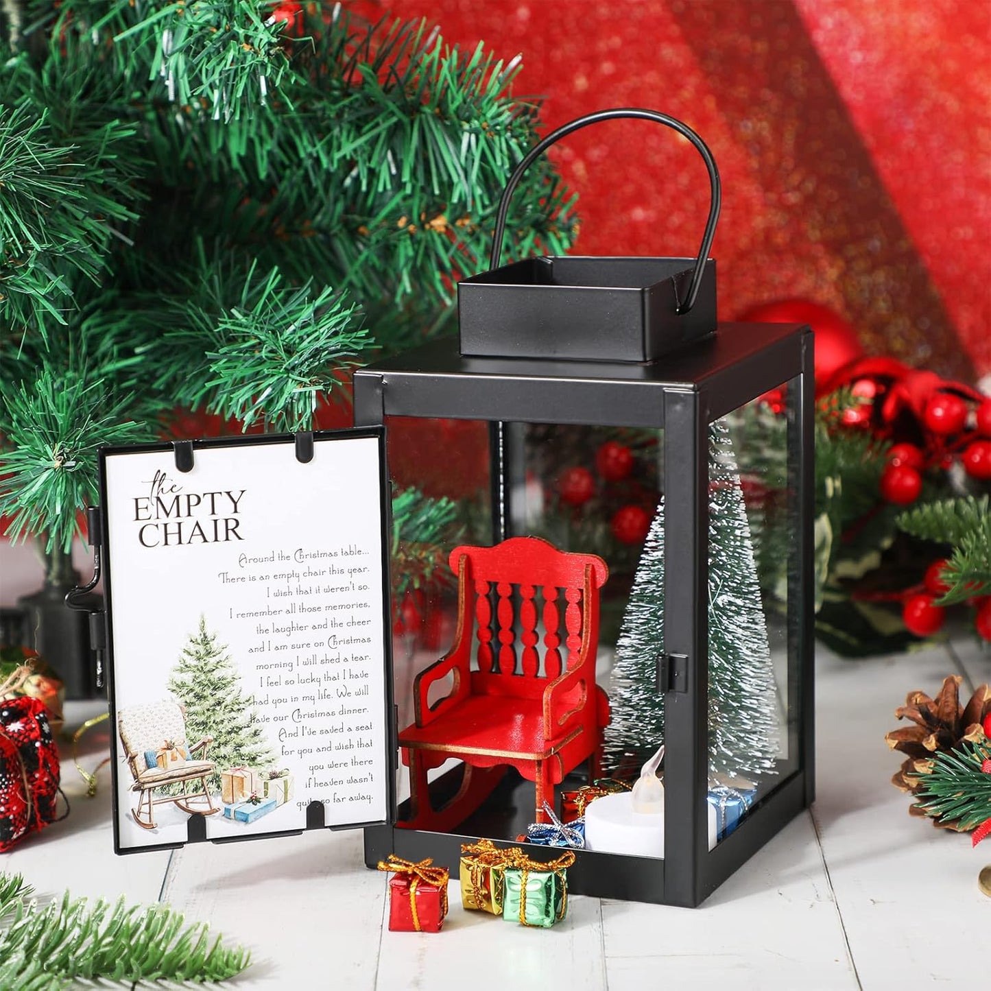 Roowest Memorial Lantern - Christmas In Heaven Decor with LED Candle & Mini Tree | 13-Piece Set