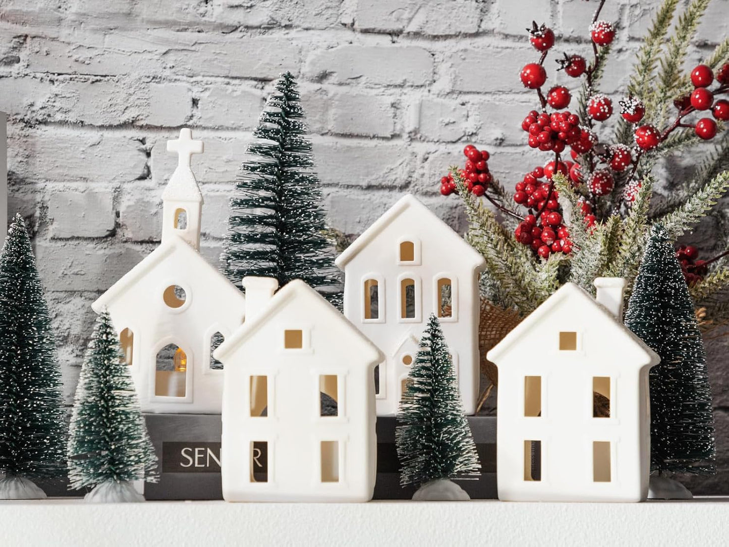 Regine Switzerland Christmas Village Figurines Set - 4 Lighted Ceramic Houses with Remote & 5 Trees - Rustic Holiday Decor for Home Table