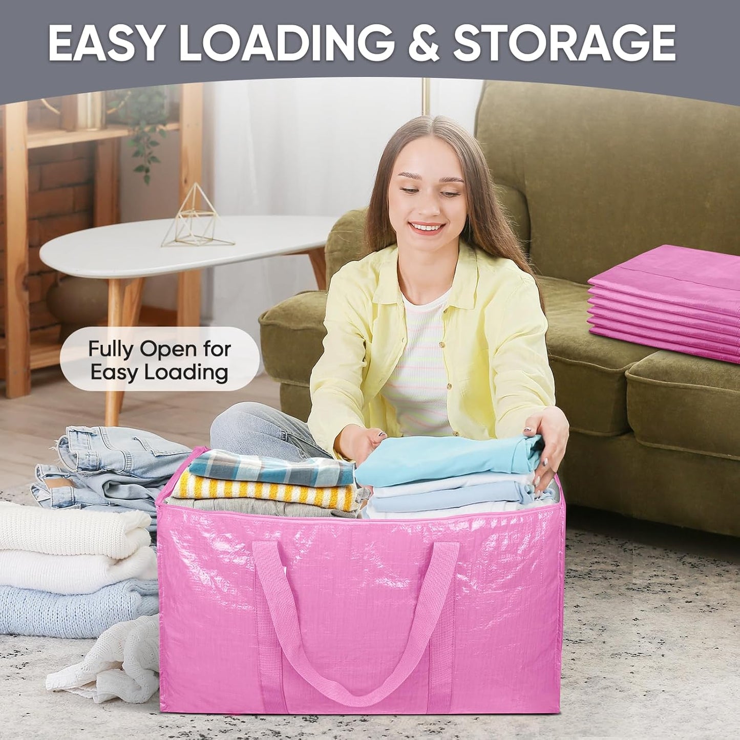 TICONN Extra Large Heavy-Duty Moving Bags - Durable Storage with Zippers & Handles | 6 Pack, Pink