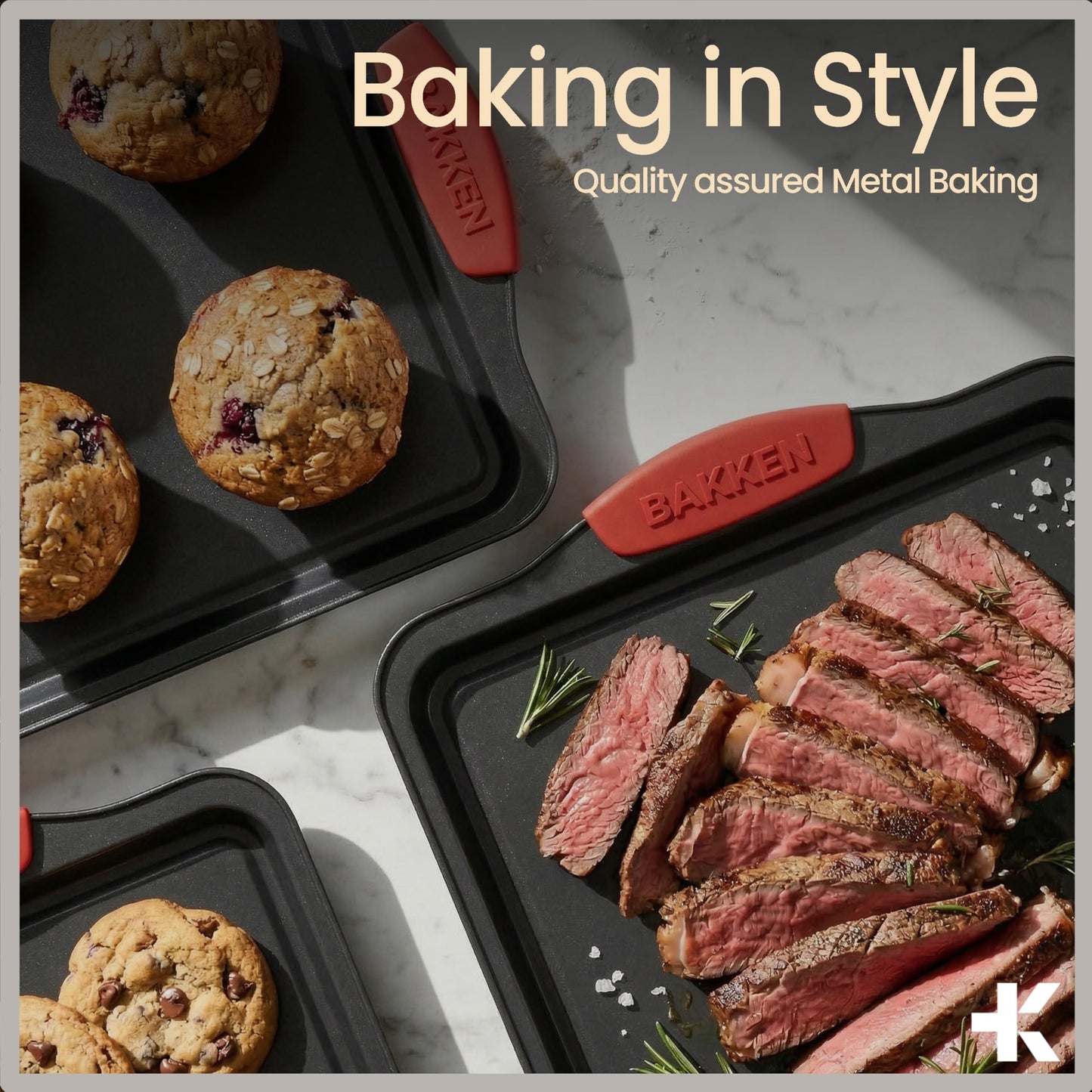 Baking Pan Set – 3 Piece Cookie Sheet – Deluxe Black Non-Stick Carbon Steel – Silicone Handles – Commercial Grade Restaurant Quality – PFOA PFOS and PTFE Free by Bakken