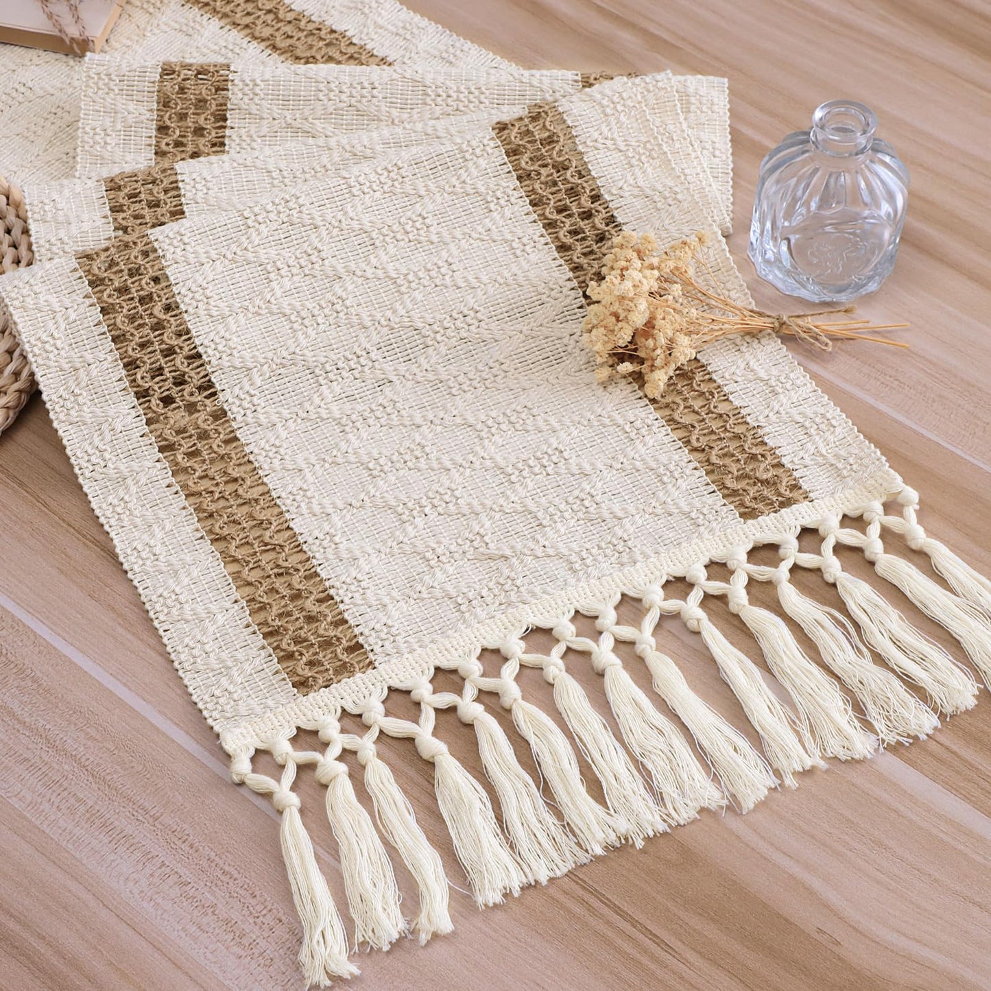 OTOSTAR Boho Table Runner with Tassels 72 Inches Long Farmhouse Rustic Table Runner Macrame Burlap Table Decoration for Home Decor Living Room Bridal Shower, Double Striped (12x72 Inches)