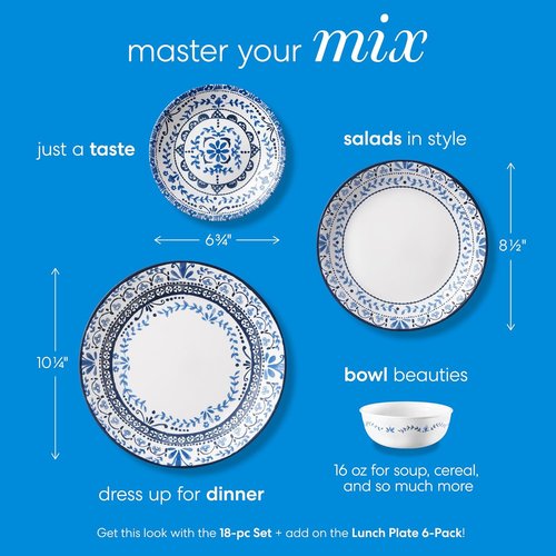 Corelle Vitrelle 6-Piece Appetizer Plates Set - Triple Layer Glass, Chip Resistant | 6-3/4-Inch Round, Portofino