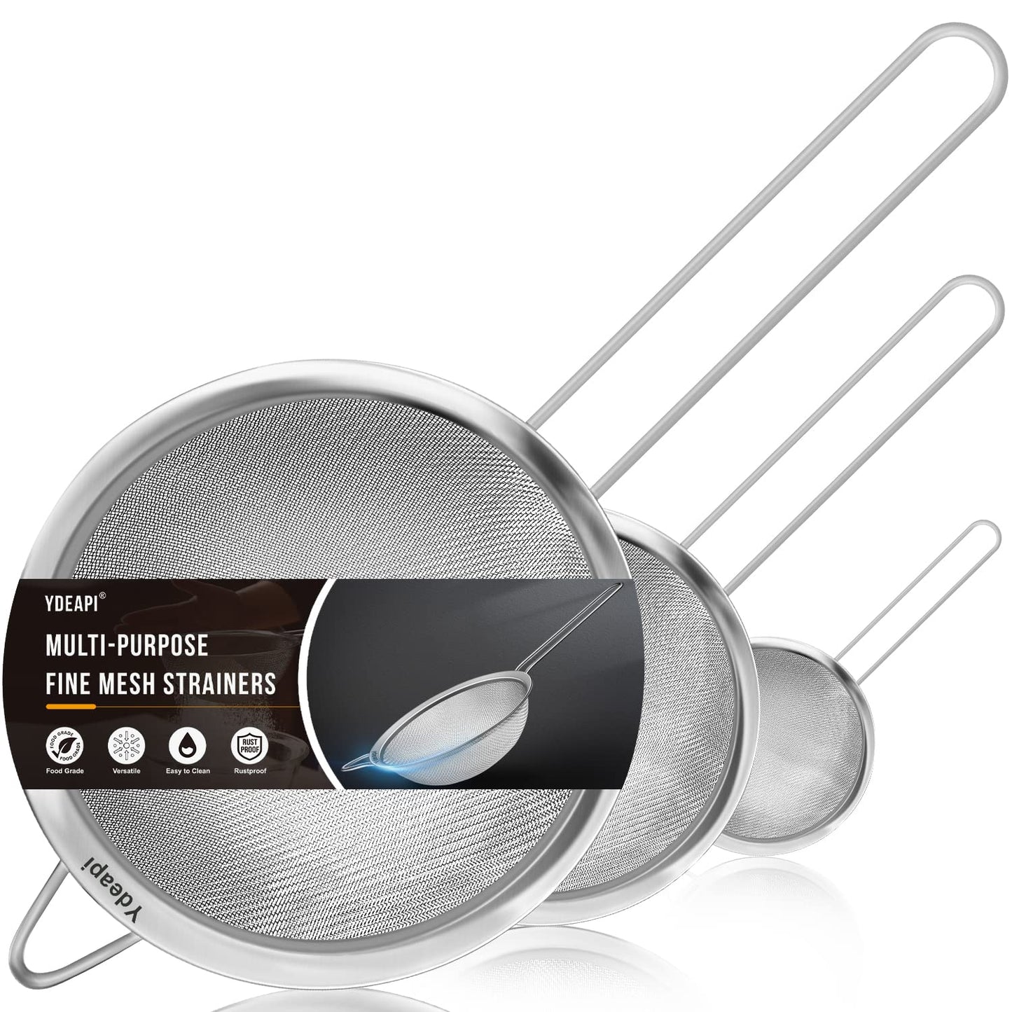 Ydeapi Fine Mesh Strainer, Stainless Steel Strainers with Sturdy Handle, Set of 3 Metal Sieve for Kitchen Food, Rice, Quinoa, Tea - 7", 4.6", 2.7"