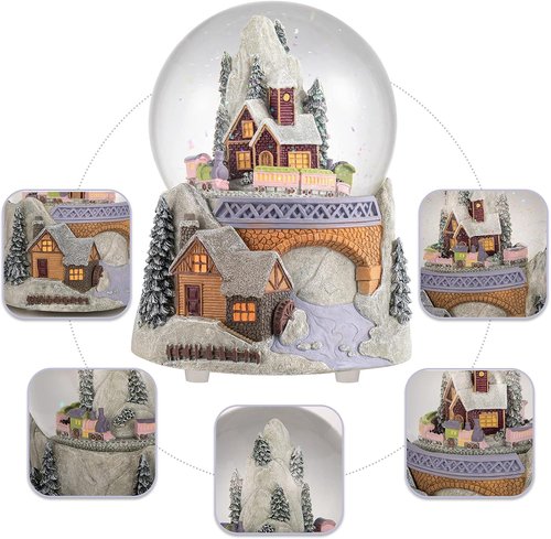 Castle Snowy House Snow Globe - Color Changing Lighting with Revolving Train | Winter Wonderland Theme