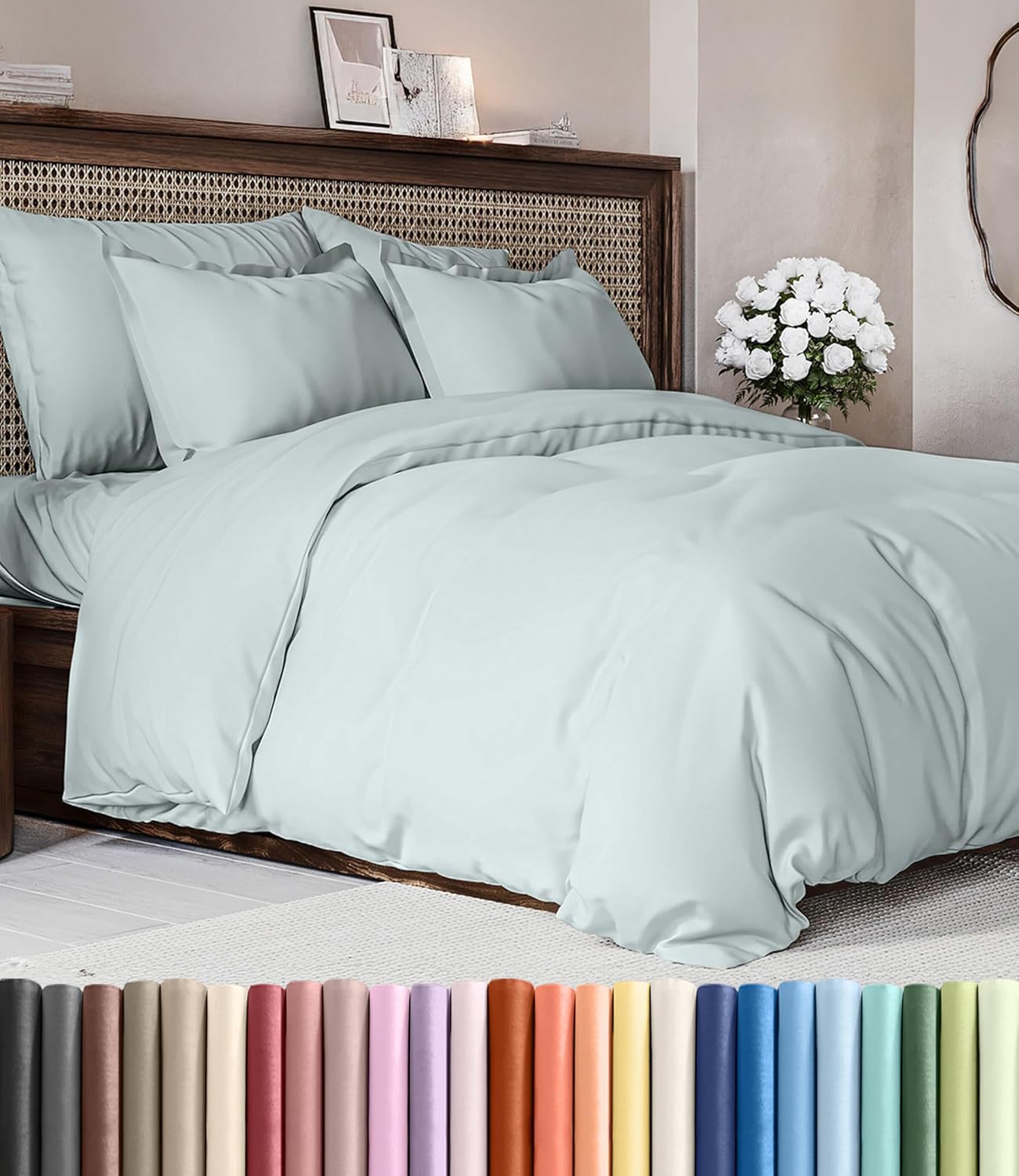 Skiennix Queen Duvet Cover Set - Extra Soft 90" x 90" with 2 Pillow Shams | Hotel Luxury, Easy Care, Fade-Free (Ice Blue)