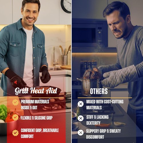 Grill Heat Aid Extreme Heat Resistant BBQ Gloves - 1472°F Fireproof Grilling Mitts for Men | EN407 Certified
