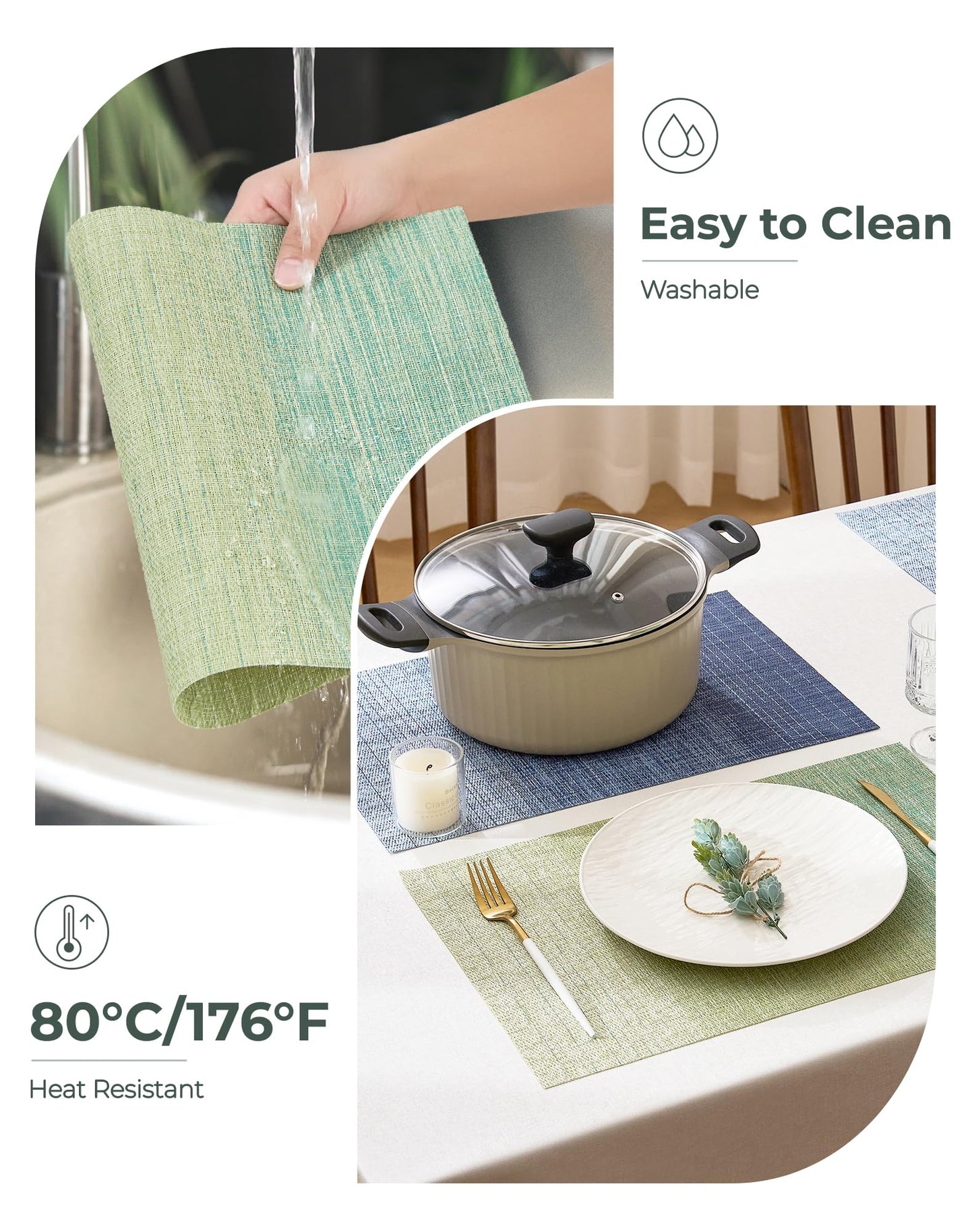 Leetaltree Gradient Green Woven Placemats Set of 4 - Heat Resistant Non-Slip Place mats for Dining Table, Washable Durable PVC Vinyl Woven Table Mats(Gradient Green, 4)