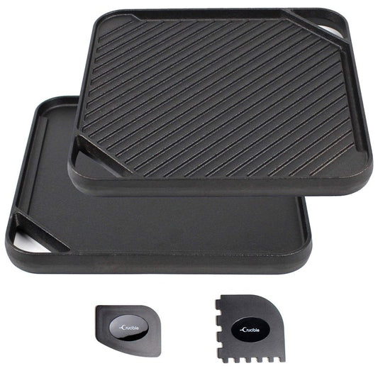 Cast Iron Griddle (20" by 10"), Reversible, Pre-Seasoned, Grill and Griddle Combo Pan, BBQ, Campfire, fits over two stovetop burners