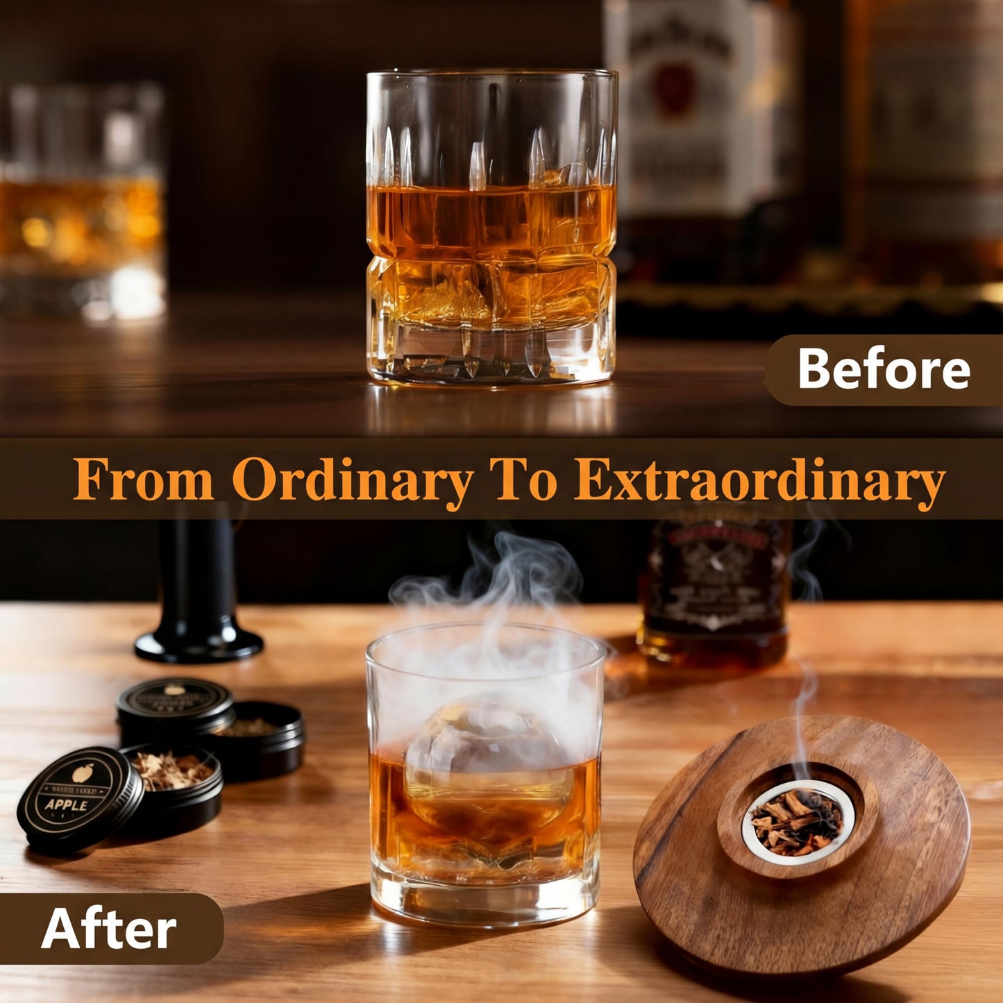 Whiskey Smoker Kit with Torch –Old Fashioned Smoker Kit for Bourbon & Whiskey – Drink Smoker Set with Wood Chips– Gift for Men, Dad, Husband/Father (1，Smoker Kit & Ice Ball Molds & Glasses)