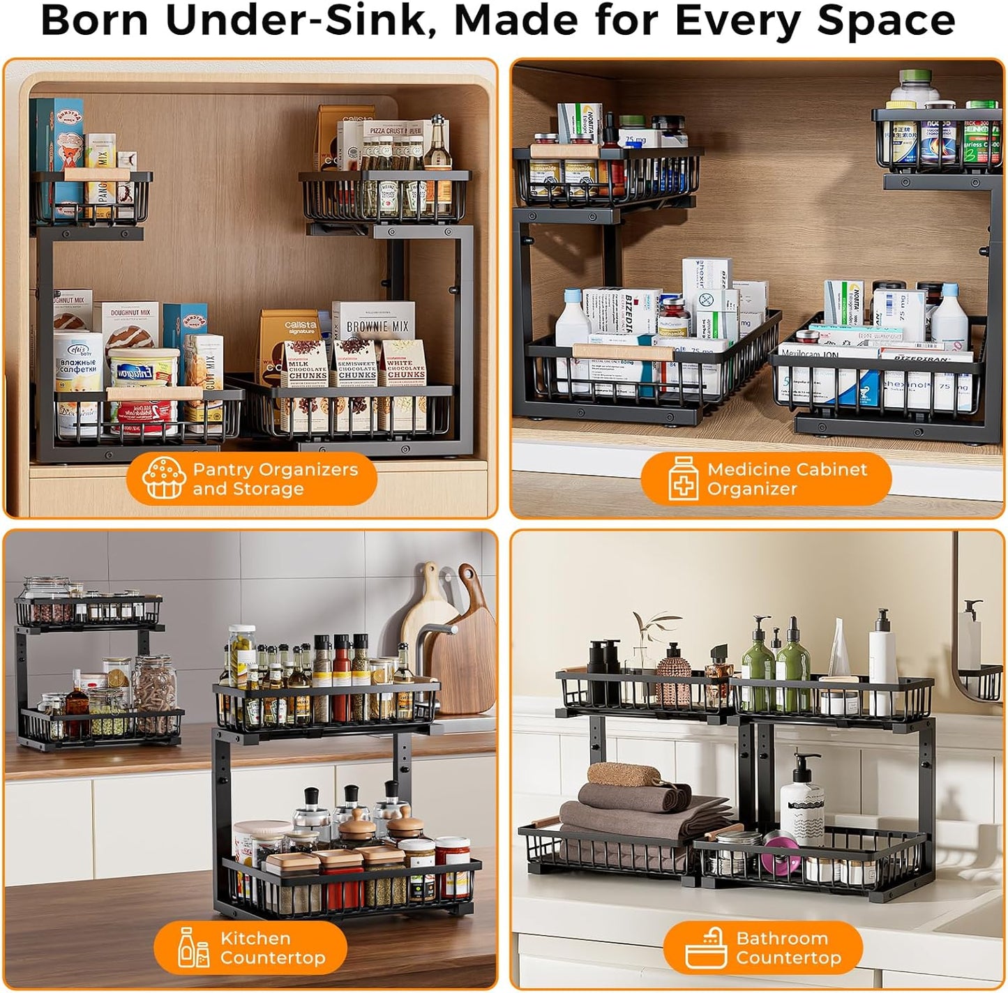 Skiennix Under Sink Organizer - 2 Tier Sliding Storage Solution | Height Adjustable, Anti-Rust, Black