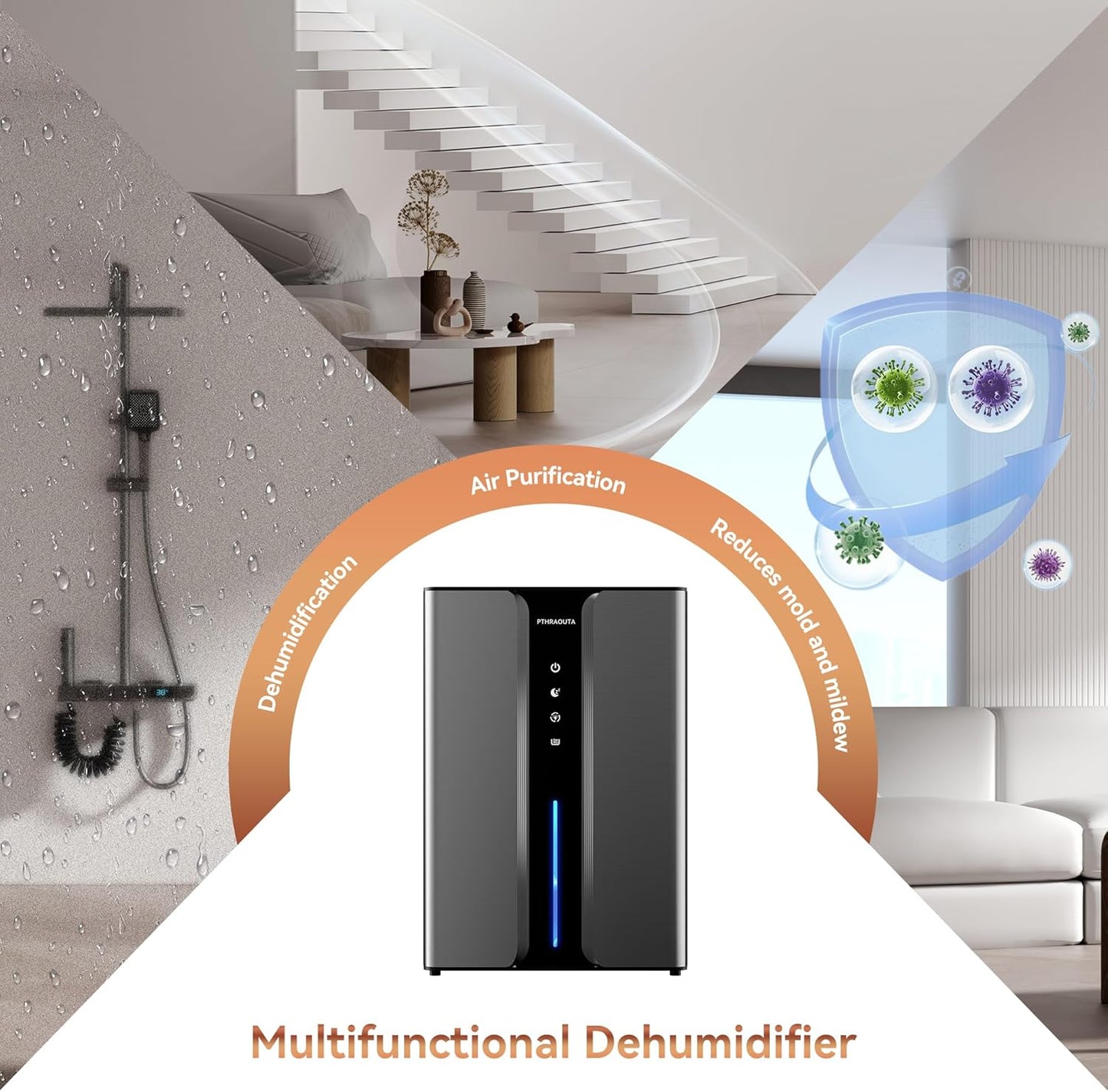 PTHRAOUTA Home Dehumidifier - 95oz Quiet Indoor Unit for Bathrooms & Bedrooms | 950 sq.ft Coverage