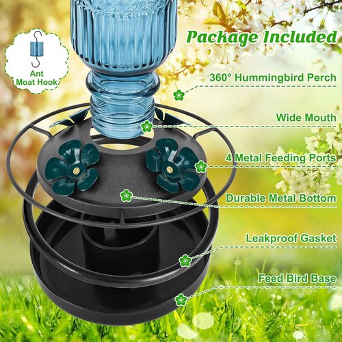 FEED GARDEN Glass Hummingbird Feeder - 16oz Leak-Proof Design with Bee Guards & Ant Moat, Blue