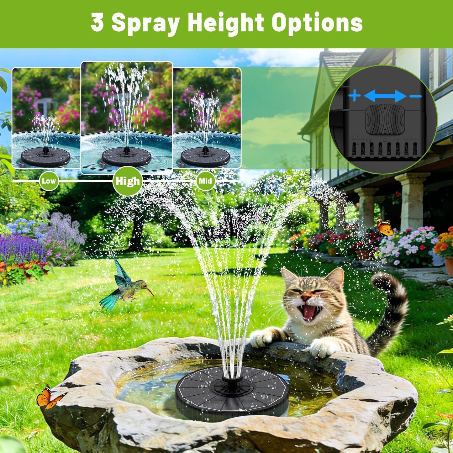 Skiennix Solar Fountain - 3 Spray Heights, 2000mAh Battery, 7 Nozzles for Garden & Pond