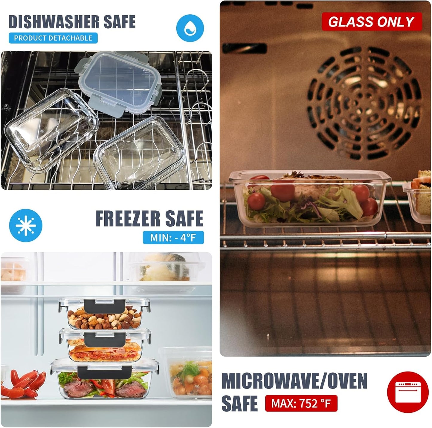 Skiennix Glass Food Storage Containers - 6 Pack Airtight Meal Prep Containers, BPA Free (Grey)