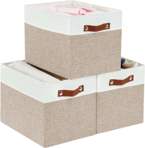 DECOMOMO Kallax Storage Cubes - 13x15x13 Organizing Bins in Beige and White | 3-Pack for Easy Shelving