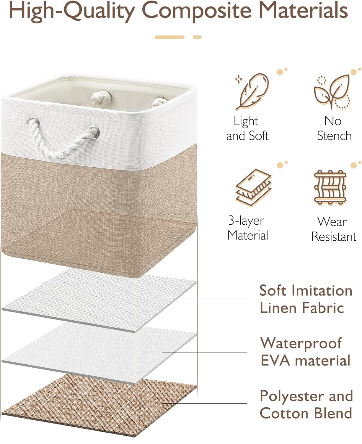 Patvingot 11-Inch Cube Storage Bins - 6 Pack Fabric Organizer Baskets with Rope Handles | White/Khaki