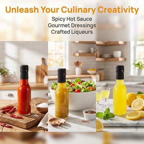 Cedilis 36 Pack Small Glass Bottle, 3oz Glass Woozy Bottle, Empty Mini Hot Sauce Bottles, Clear Liquor Wine Bottles with Shrink Capsule, Black Screw Caps, Dripper Insert