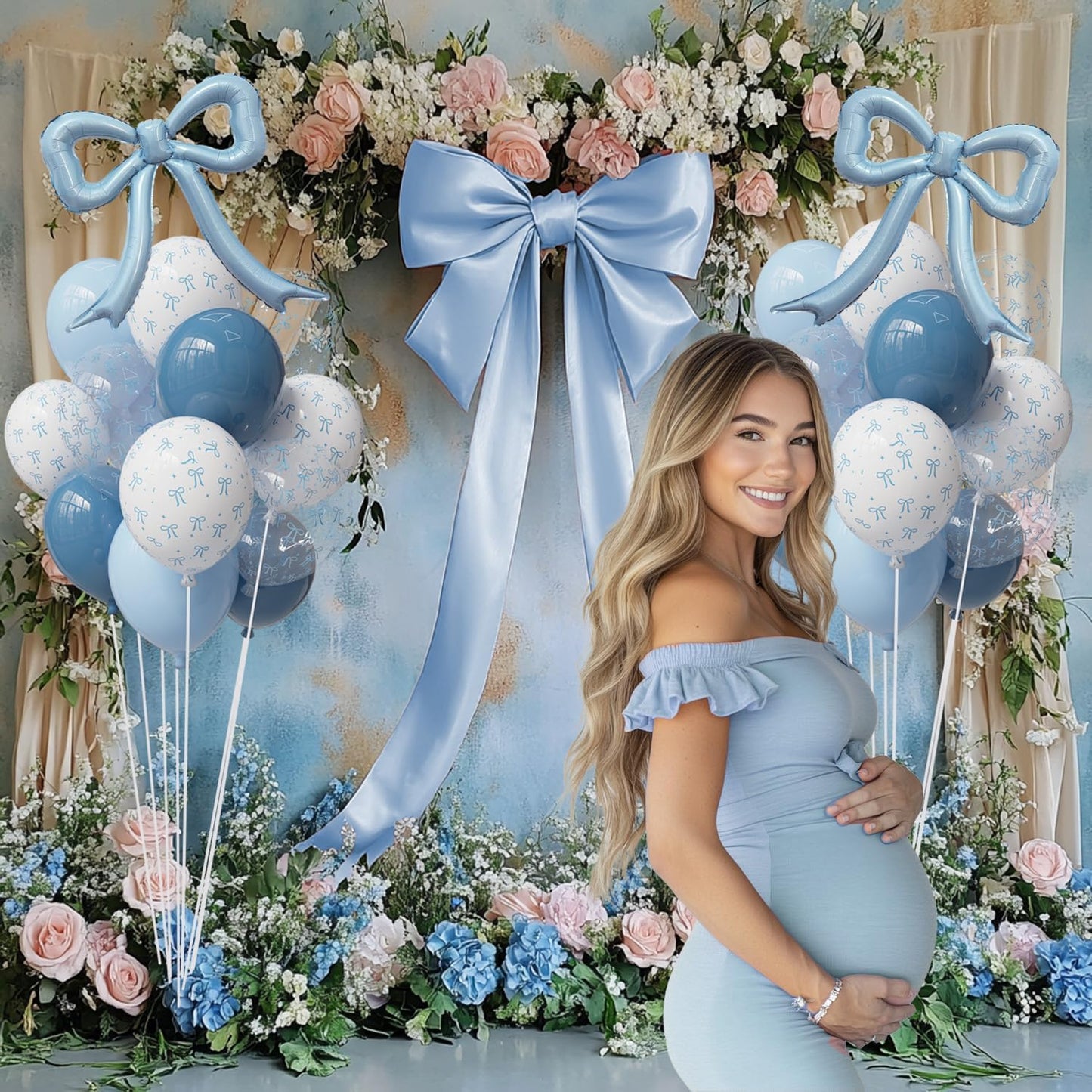Skiennix 4Pcs Blue Bow Foil Balloons Set - Dusty Blue Mylar Balloons for Birthday & Baby Showers