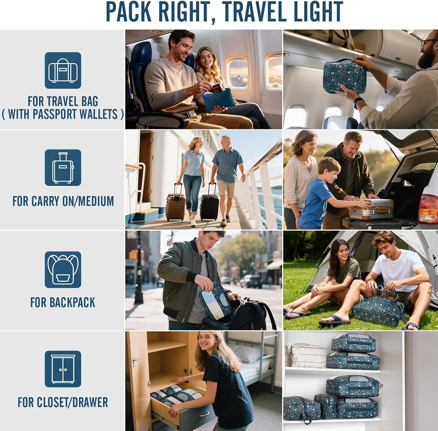 Veken Packing Cubes - 8-Piece Travel Organizer Set with Laundry Bag & Passport Holder | 4 Sizes for Luggage