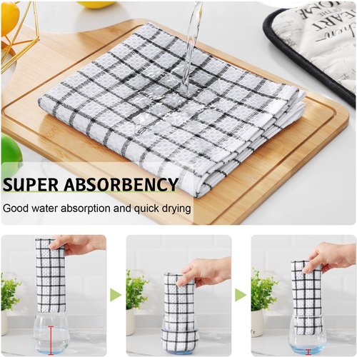 Homaxy 100% Cotton Kitchen Towels 6 Pack-15 X 25 Inches, Check Design Waffle Weave Hand Tea Towels, Super Soft and Absorbent Dish Towel for Drying Dishes, Black