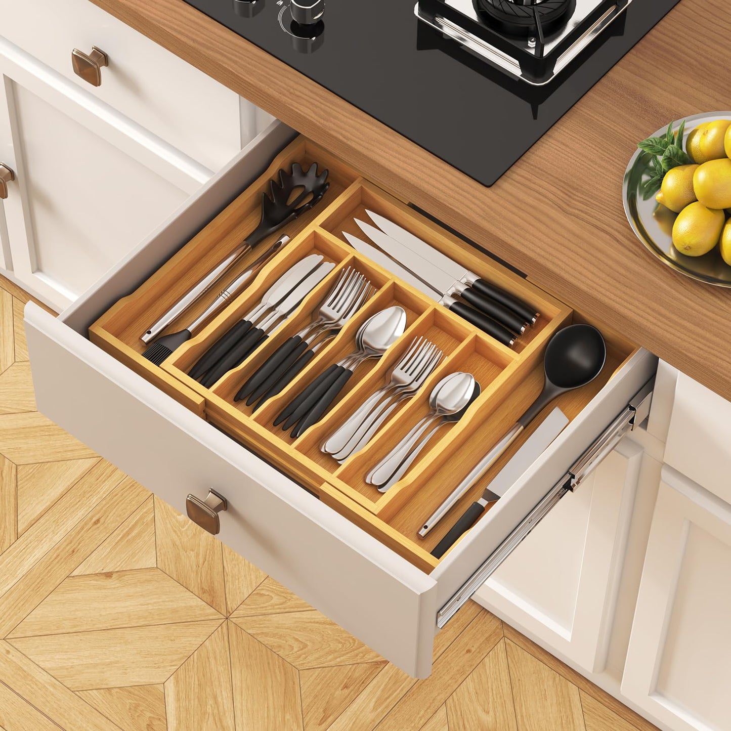 Lifewit Silverware Drawer Organizer, Expandable Utensil Tray for Kitchen, Flatware and Cutlery Holder, Wood Adjustable Storage for Spoons Forks Knives, 13-22x15/ 33-56x38cm, Natural
