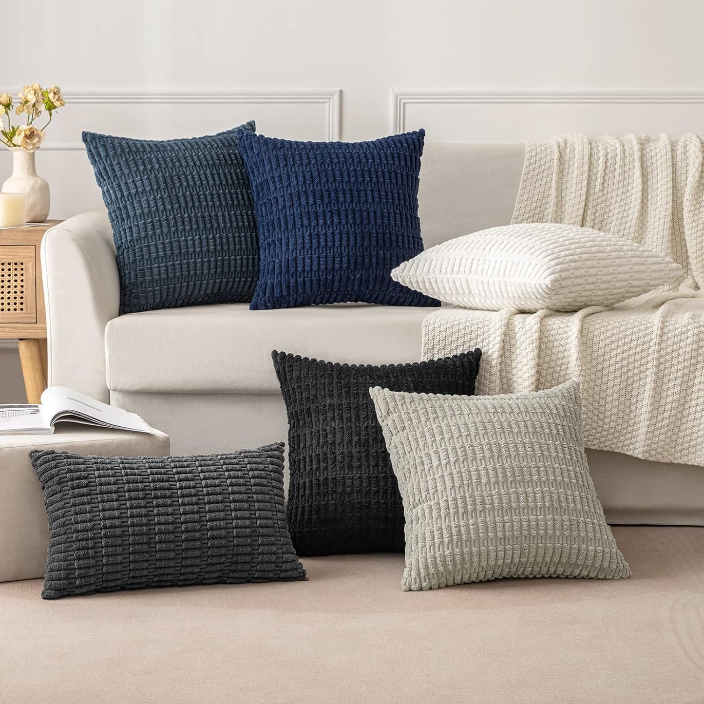 MIULEE Corduroy Throw Pillow Covers - Soft Boho Striped Design, 20x20 Inch, Pure White | Modern Farmhouse Decor