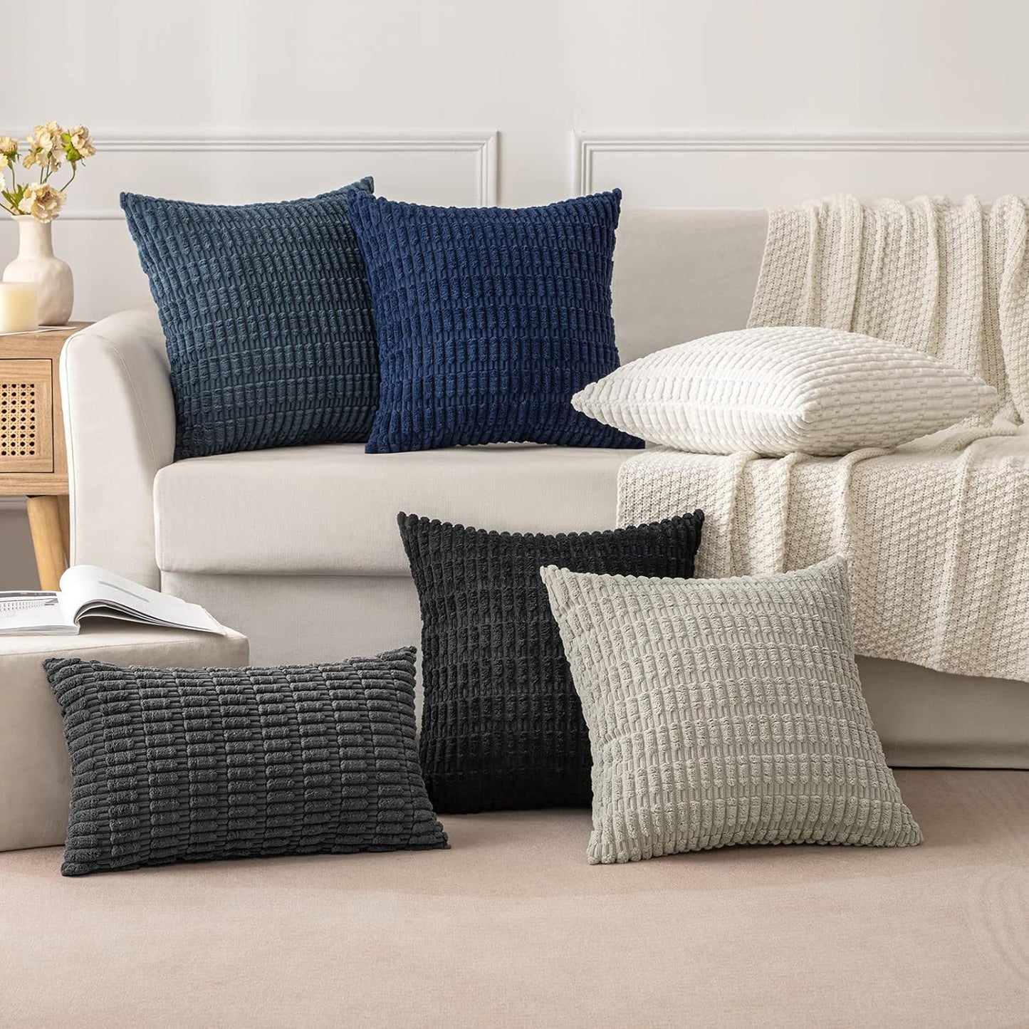 MIULEE Corduroy Throw Pillow Covers - Soft Boho Striped Design | 20x20 Inch Blue Decor for Living Room