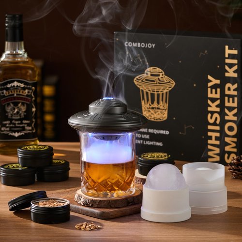 ComboJoy Electric Whiskey Smoker Kit with LED – 6 Flavors Wood Chips, Whiskey Glass & Ice Cube Mold – Rechargeable Cocktail Smoker, Old Fashioned Bourbon Gifts for Men, Dad, Husband -Grey