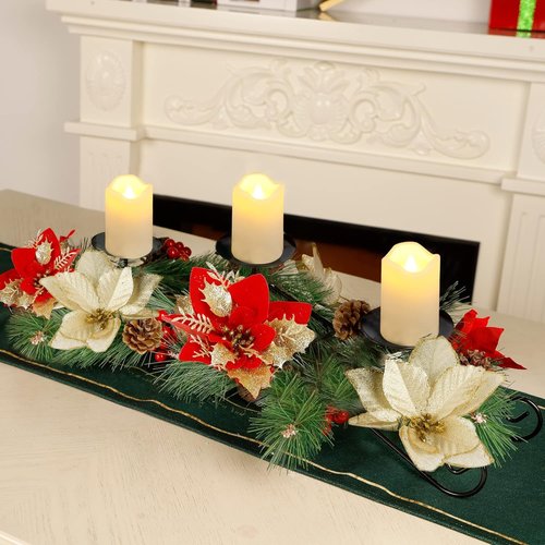 Joliyoou Christmas Poinsettia Candle Holder - 17.5" Tabletop Centerpiece with 3 Battery Operated Lights