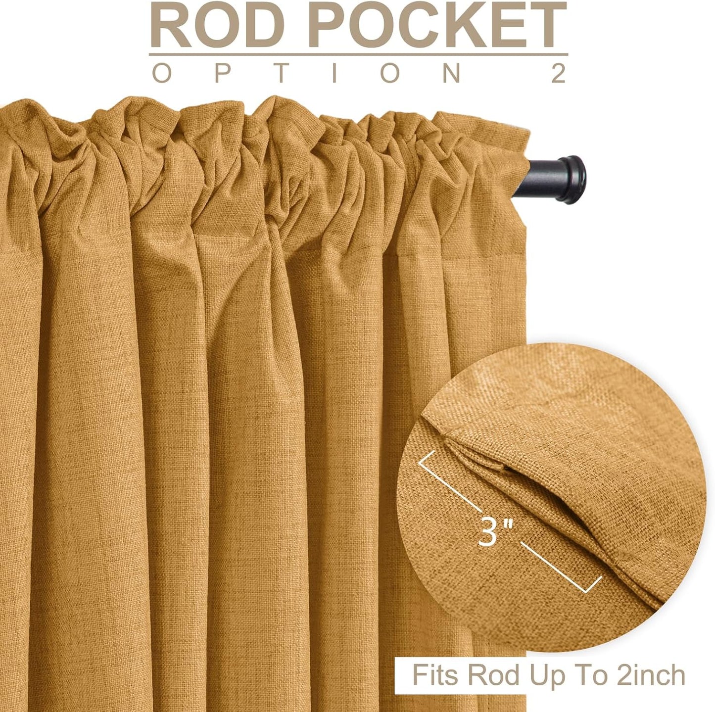 Skiennix 100% Blackout Linen Curtains - Thermal Insulated Drapes, Mustard Yellow, 50" W x 102" L, 2 Panels Set