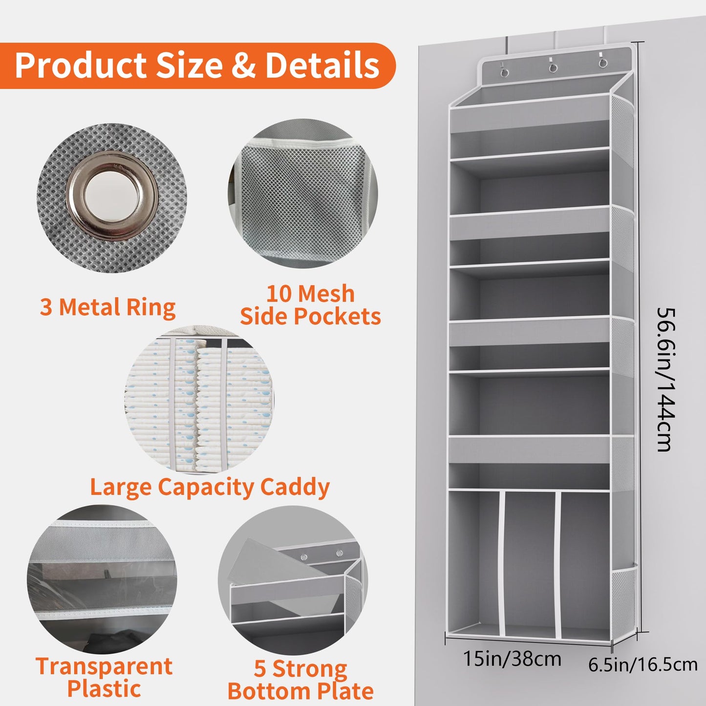 TAHAVICE Heavy Duty Over the Door Organizer with Large Capacity Caddy, Behind Door Storage with 10 Mesh Side Pockets, Back of Door Hanging Organizer for Closet, Bathroom, Laundry