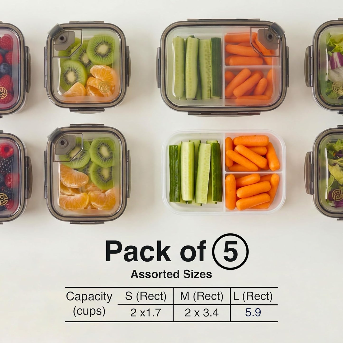 Vitamix BPA-Free Airtight Food Storage Containers - Vented Lids, 5-Pack Assorted Sizes for Meal Prep