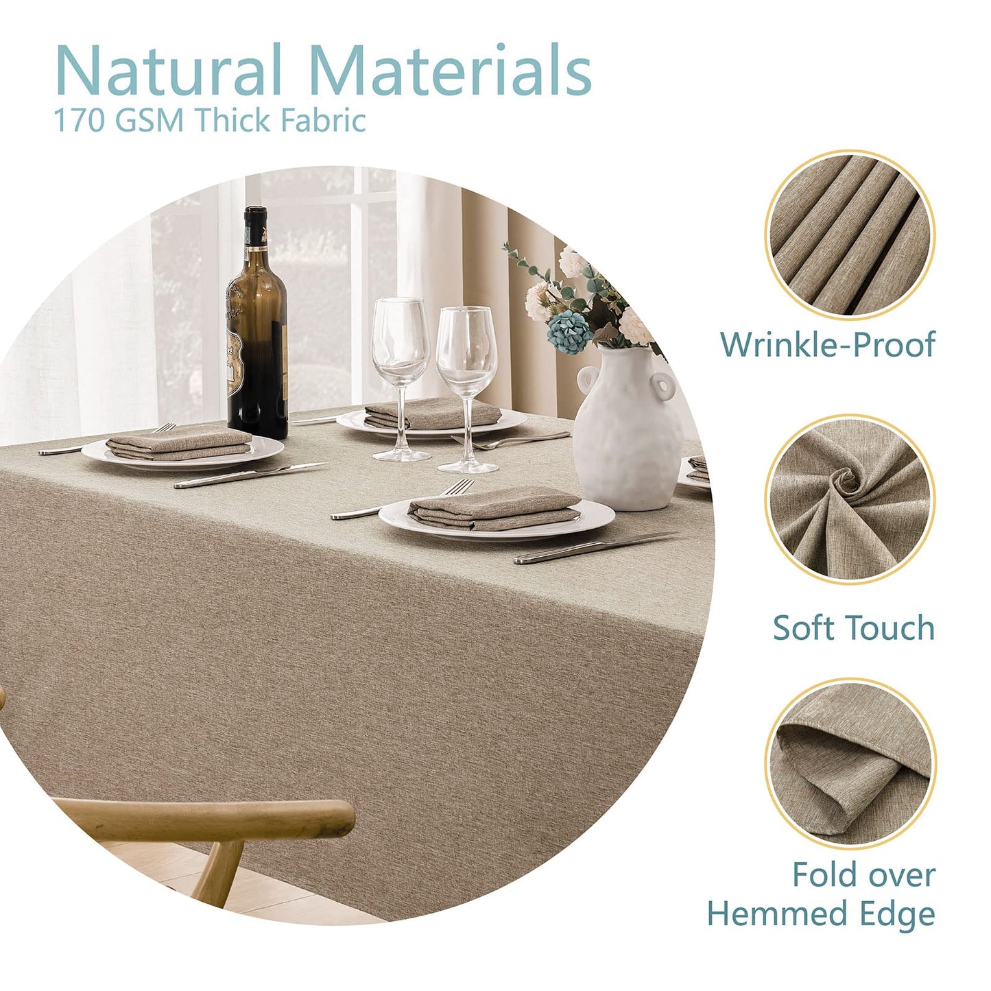 Veblandy Rectangle Tablecloth Linen Textured Waterproof & Stain Resistant Table Cloth Wrinkle Free Decorative Fabric Farmhouse Table Cover for Dining/Party/Buffet/Wedding, 60 x 144 Inch, Mocha