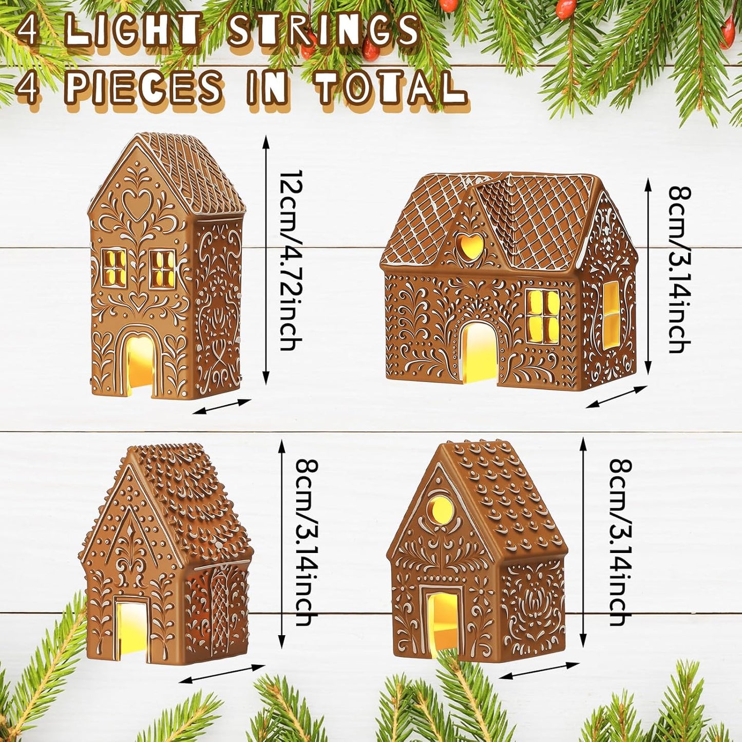 Thyle Christmas Gingerbread House Decoration - 4 Pcs LED Lighted Resin Village Figurines for Holiday Decor