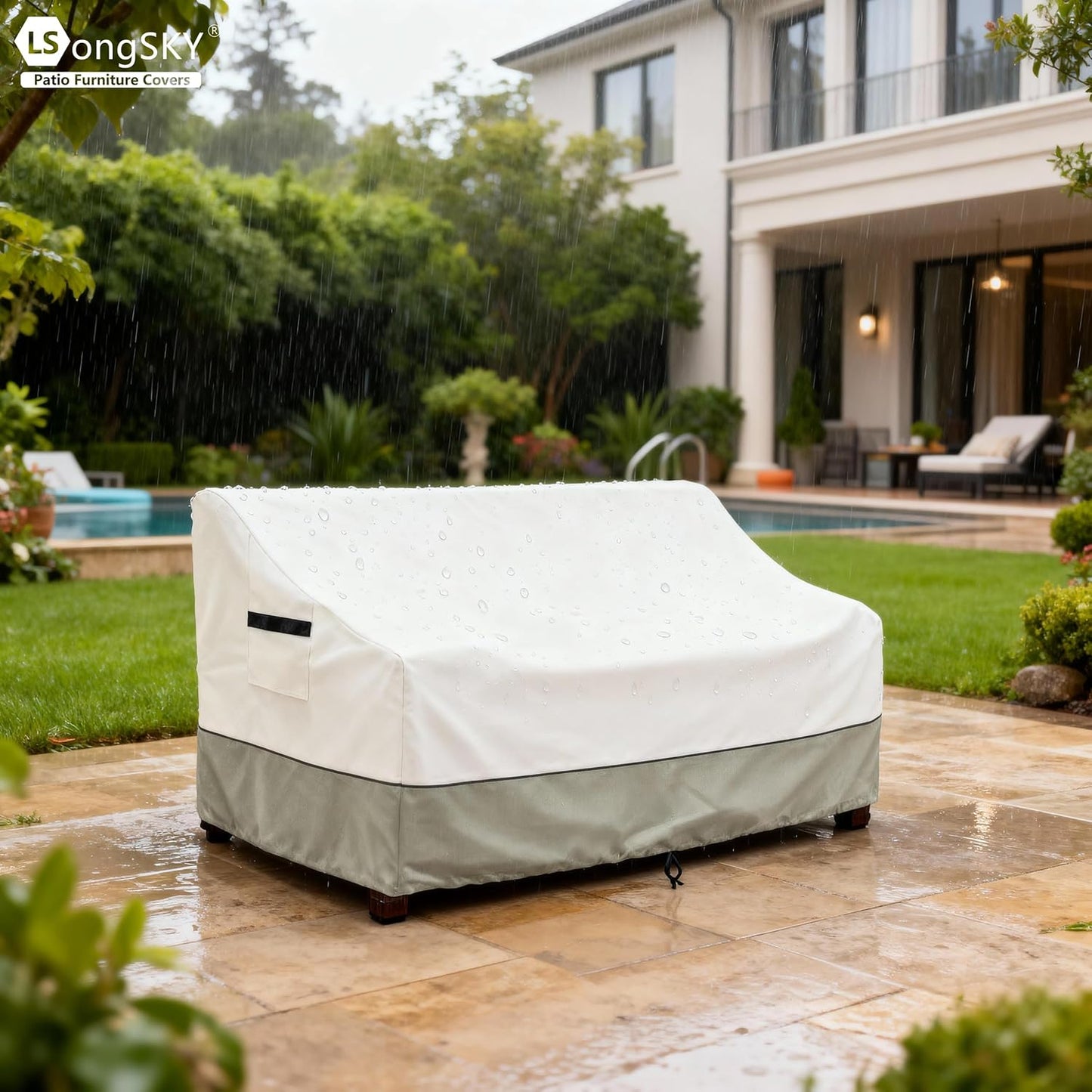 Skiennix Outdoor Loveseat Cover - 100% Waterproof Heavy-Duty Protection | Fits 58"W x 32.5"D x 31"H - Beige & Gray-Green