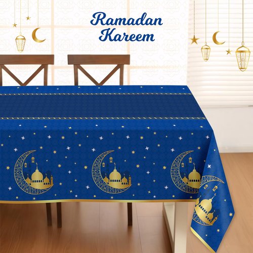 Childom 3 Pack Ramadan Table Cloth,Ramadan Decorations for Home,54" x 108" Eid Mubarak Decorations,Eid Ramadan Tablecloths Rectangular,Blue Plastic Table Cloth Disposable Table Cover for Party Favors