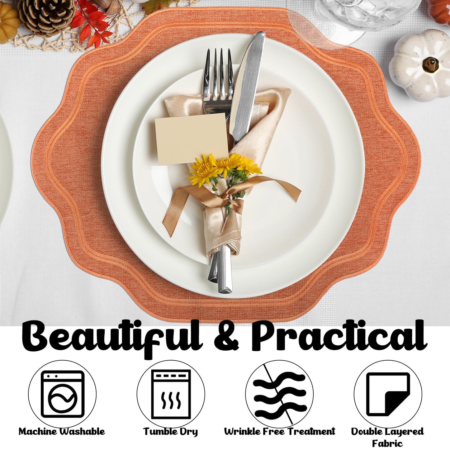 Breling 6 Pcs Orange Wedding Placemats Scalloped Embroidered Cotton Linen Placemats 17" x 13" Double Layered Machine Washable Table Place Mat for Party Table Decor (Cotton)