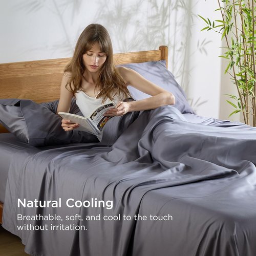 Bedsure Queen Sheet Set - Cooling Bamboo Sheets | Breathable & Soft | Deep Pocket Up to 16" | Dark Grey