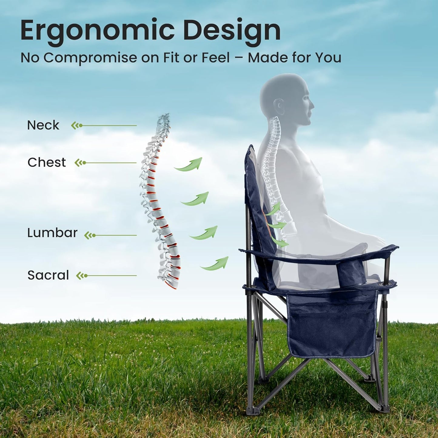 Skiennix Oversized Camping Chair - Heavy Duty Portable Folding Design with Cup Holder & Waterproof Phone Case | Blue & Gray, XL