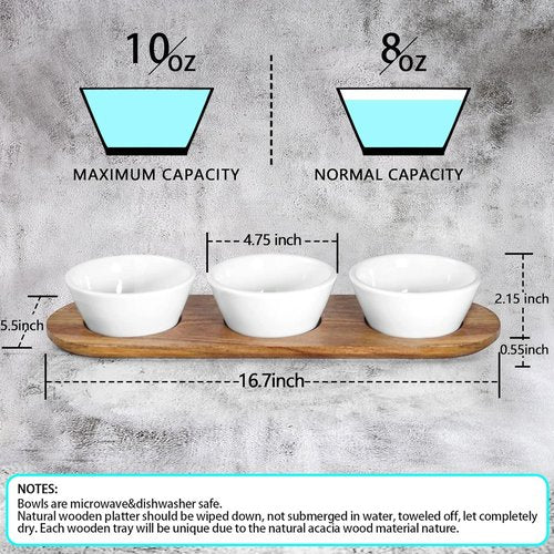 Artena 10oz Ultra-Fine Porcelain Chips and Dip Serving Platter - Acacia Tray & White Dipping Bowls